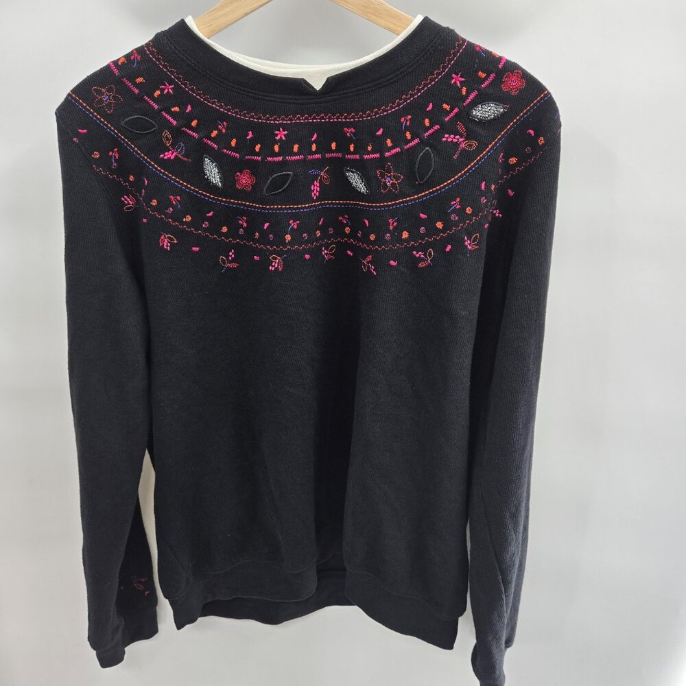 Vintage Koret Black 80s Embroidered Grandma Knit Sweater M/L